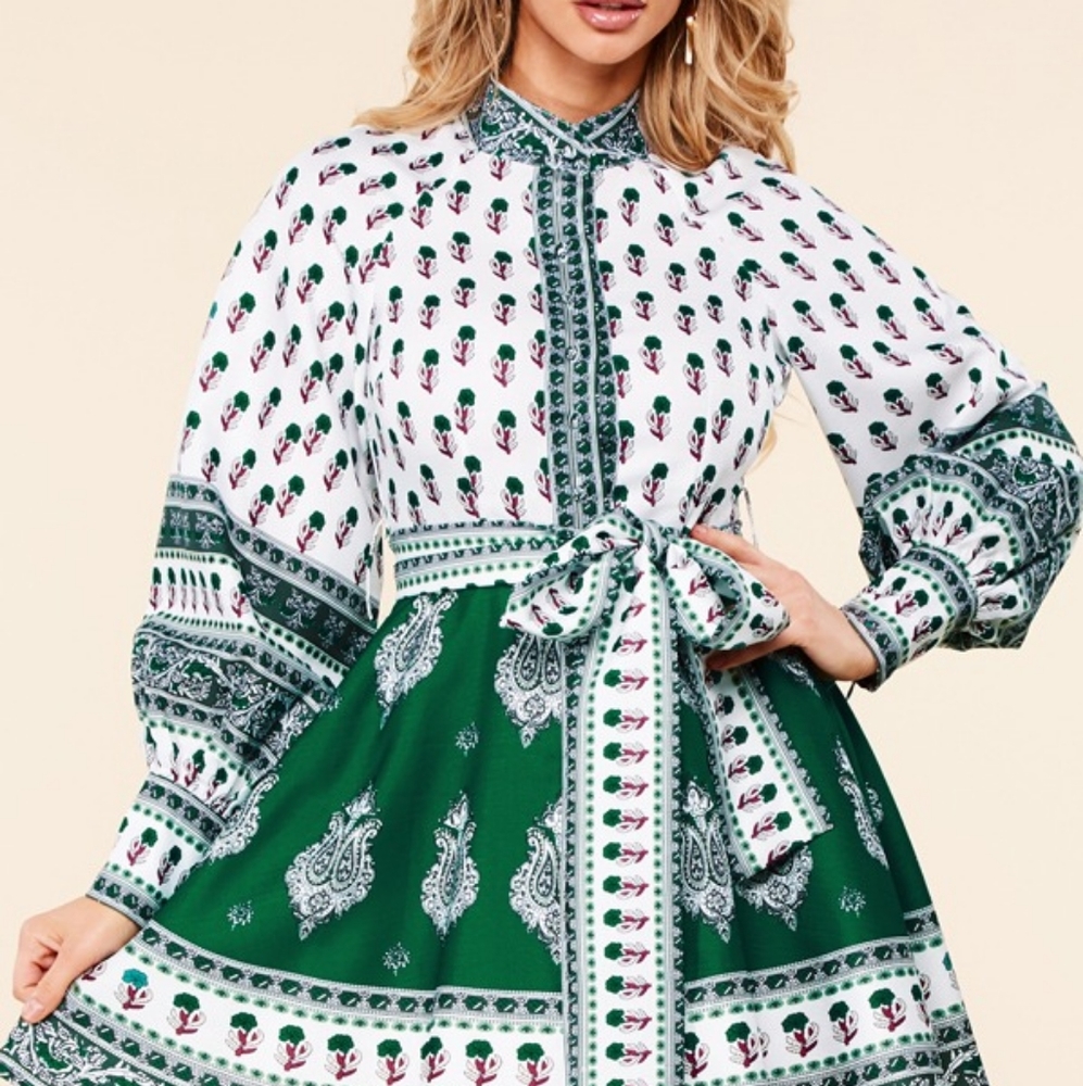 Green Boho long sleeve dress